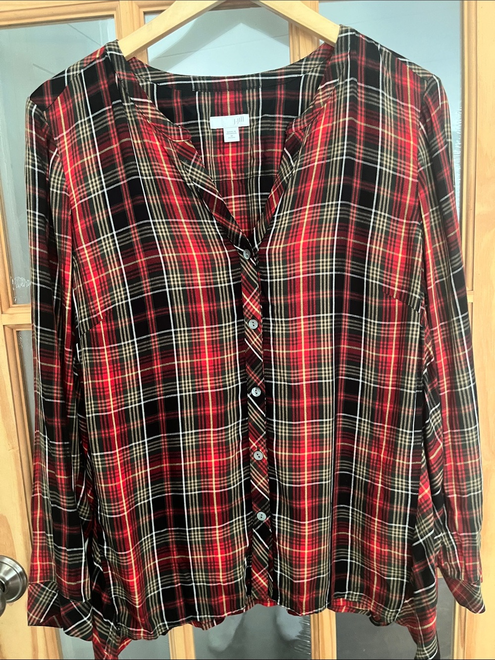 J.Jill Red Plaid v-neck Button Down Medium petite oversized flowy rayon red